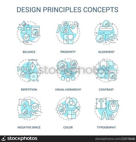 Design principles turquoise concept icons set. Art work. Visual content trends idea thin line color illustrations. Isolated symbols. Editable stroke. Roboto-Medium, Myriad Pro-Bold fonts used. Design principles turquoise concept icons set