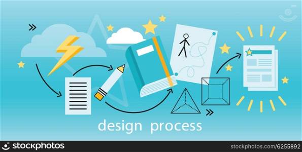 Design Process Banner Flat Concept. Design process banner flat concept. Process and procedure for the establishment of new creative design. Path from idea to finished projects. Drawing in pencil on sheet paper. Vector illustration