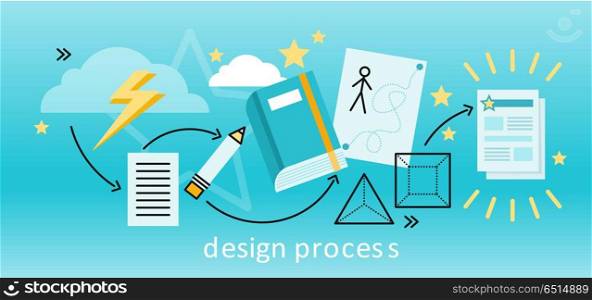 Design Process Concept. Design process banner flat concept. Process and procedure for the establishment of new creative design. Path from idea to finished projects. Drawing in pencil on sheet paper. illustration