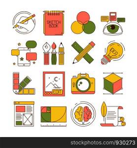 Design process icons. Packing art creative web products and services blogging retouch stationary vector flat pictures. Tools stationary, modeling and editor, pen and ruler illustration. Design process icons. Packing art creative web products and services blogging retouch stationary vector flat pictures