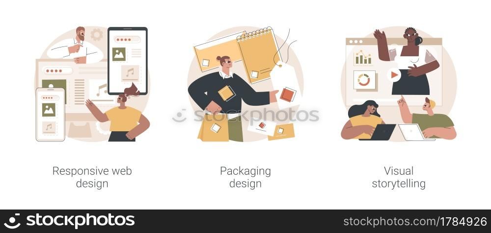Design services abstract concept vector illustration set. Responsive web design, packaging brand guidelines and logo, visual storytelling, UI and UX, website frontend development abstract metaphor.. Design services abstract concept vector illustrations.