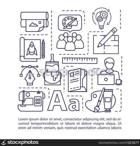 Design studio concept icon with text. Creative agency briefing. Collaborative teamwork on project idea. PPT page vector template. Brochure, magazine, booklet design element with linear illustrations
