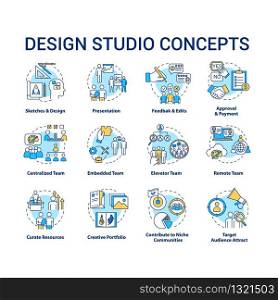 Design studio concept icons set. Designers team structure types and creative process steps idea thin line RGB color illustrations. Vector isolated outline drawings. Editable stroke