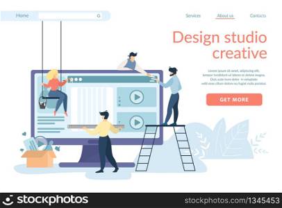 Design Studio Creative Horizontal Banner. Designers Creating Site Interface Working Together at Huge Computer Monitor, Put Web icons on Screen. Ui, Ux Developers Cartoon Flat Vector Illustration.. Designers Creating Site Interface, Ui, Ux Develop