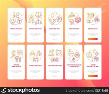 Design studio onboarding mobile app page screen with concepts set. Business work process organization walkthrough 5 steps graphic instructions. UI vector template with RGB color illustrations
