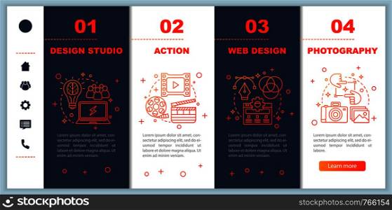 Design studio onboarding mobile web pages vector template. Action, web design, photography. Responsive smartphone website interface idea with linear illustrations. Webpage walkthrough step screens. Design studio onboarding mobile web pages vector template