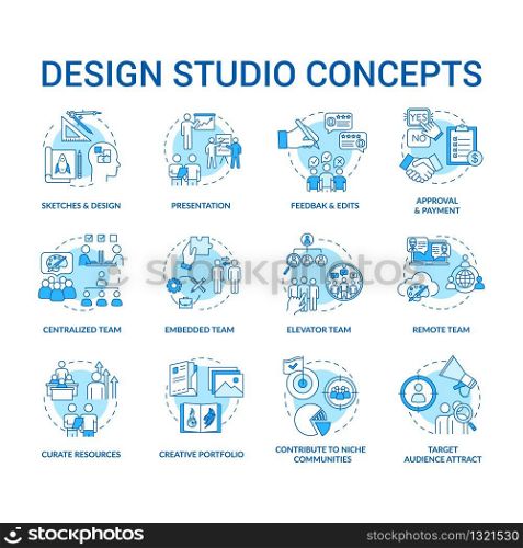 Design studio, workshop concept icons set. Designers team types and creative process steps idea thin line RGB color illustrations. Vector isolated outline drawings. Editable stroke