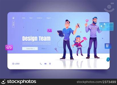 Design team cartoon landing page, designers adults and little schoolboy create projects on augmented reality interface screen and digital tablets. Creative courses, school, education Vector web banner. Design team cartoon landing page with designers