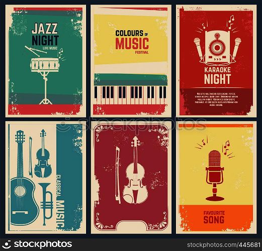 Design template of invitation cards with pictures of musical instruments. Vector music favourite song and party jazz festival banner illustration. Design template of invitation cards with pictures of musical instruments