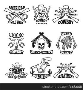 Design template of wild west badges. Western theme of labels with place for your text. Wild west emblem, western cowboy and revolver label. Vector illustration. Design template of wild west badges. Western theme of labels with place for your text