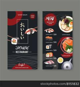 Design template with food watercolor graphic illustrations. Sushi set menu for restaurant.