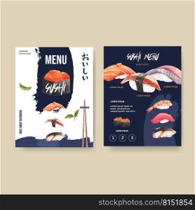 Design template with food watercolour graphic illustrations. Sushi menu vector for restaurant.