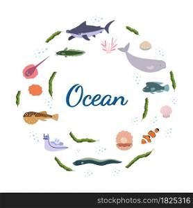 Design template with sea animal in circle for kid print. Round composition of marine animals, shark, beluga and seaweed. Vector set of underwater life in cartoon style.. Design template with sea animal in circle for kid print. Round composition of marine animals, shark, beluga and seaweed.