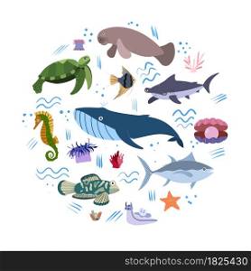 Design template with sea animal in circle for kid print. Round composition of marine animals, turtle and sea horse, whale, tuna and hummerhead shark. Vector set of underwater life in cartoon style.. Design template with sea animal in circle for kid print. Round composition of marine animals, turtle and sea horse, whale, tuna and hummerhead shark.