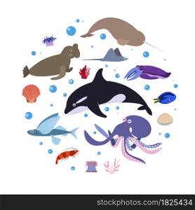 Design template with sea animal in circle for kid print. Round composition of marine animals, whale, octopus and narwhale, sea elephant. Vector set of underwater life in cartoon style.. Design template with sea animal in circle for kid print. Round composition of marine animals, whale, octopus and narwhale, sea elephant.