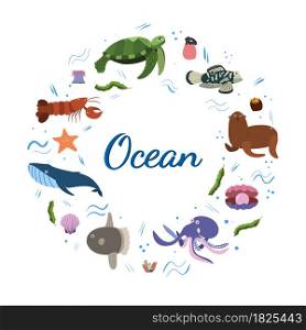 Design template with sea animal in circle for kid print. Round composition of marine animals, turtle and whale, octopus, fur seal. Vector set of underwater life in cartoon style.. Design template with sea animal in circle for kid print. Round composition of marine animals, turtle and whale, octopus, fur seal.