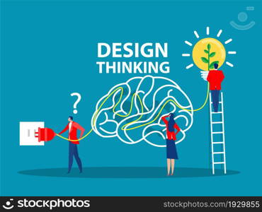 Design thinking concept. Generating and implementing business innovations. Busuness idea light bulb flat cartoon design. Vector illustration