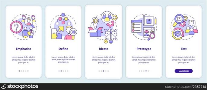 Design thinking process onboarding mobile app screen. Product developing walkthrough 5 steps graphic instructions pages with linear concepts. UI, UX, GUI template. Myriad Pro-Bold, Regular fonts used. Design thinking process onboarding mobile app screen