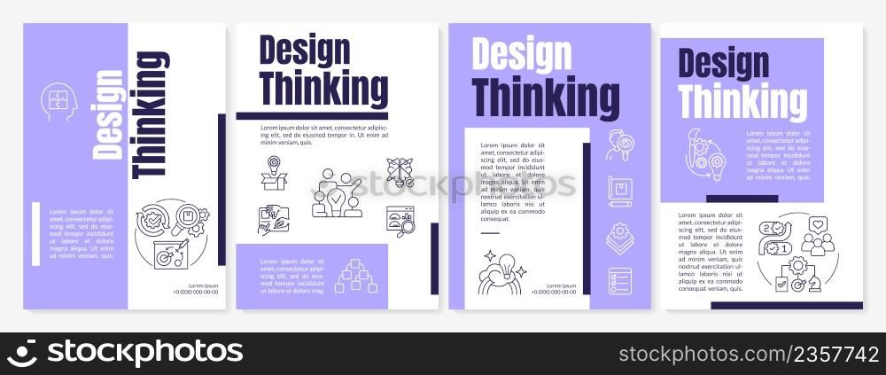 Design thinking process purple brochure template. Product development. Leaflet design with linear icons. 4 vector layouts for presentation, annual reports. Anton, Lato-Regular fonts used. Design thinking process purple brochure template