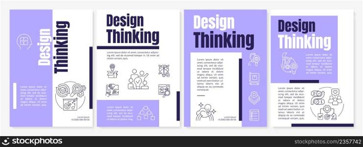 Design thinking process purple brochure template. Product development. Leaflet design with linear icons. 4 vector layouts for presentation, annual reports. Anton, Lato-Regular fonts used. Design thinking process purple brochure template