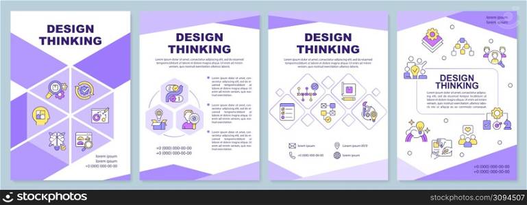 Design thinking purple brochure template. Development of product. Leaflet design with linear icons. 4 vector layouts for presentation, annual reports. Arial-Black, Myriad Pro-Regular fonts used. Design thinking purple brochure template