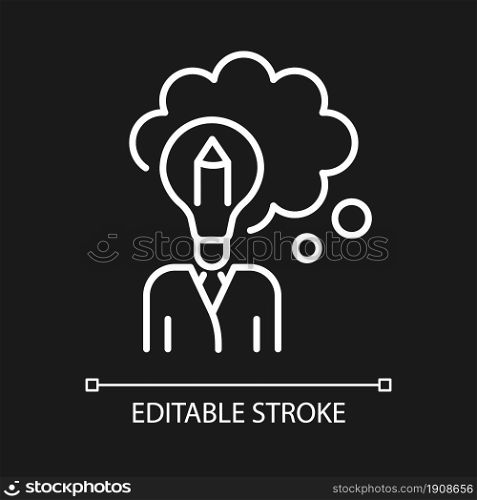 Design thinking white linear icon for dark theme. Imagination and inspiration. Analysis, evaluation. Thin line customizable illustration. Isolated vector contour symbol for night mode. Editable stroke. Design thinking white linear icon for dark theme