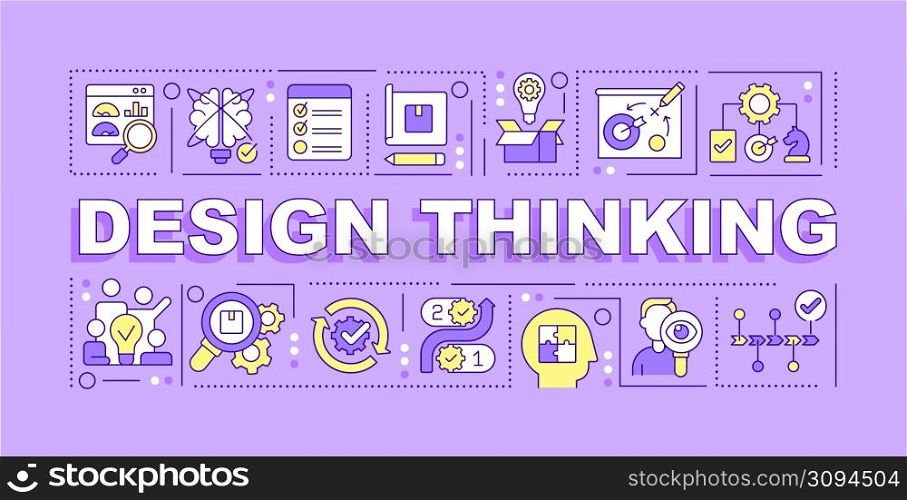 Design thinking word concepts purple banner. Creating products. Infographics with icons on color background. Isolated typography. Vector illustration with text. Arial-Black font used. Design thinking word concepts purple banner