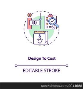 Design to cost concept icon. Cost reduction strategy idea thin line illustration. Service optimization. Increase product quality. Vector isolated outline RGB color drawing. Editable stroke. Design to cost concept icon