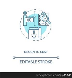 Design to cost concept icon. Cost reduction strategy idea thin line illustration. Service quality improving. Increase product quality. Vector isolated outline RGB color drawing. Editable stroke. Design to cost concept icon