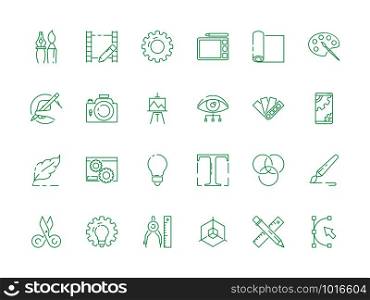 Design tools icon. Artwork web design typography creative art instruments for artists and designers vector thin symbols. Tool drawing instrument, pen and pencil illustration. Design tools icon. Artwork web design typography creative art instruments for artists and designers vector thin symbols