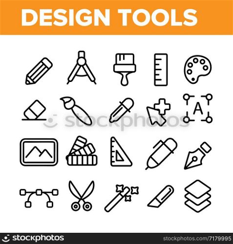 Design Tools Vector Thin Line Icons Set. Graphic Design Tools, Painting, Sketching Accessories Linear Pictograms. Drawing Equipment, Brushes, Pencils, Image Editing Instruments Contour Illustrations. Design Tools Vector Thin Line Icons Set