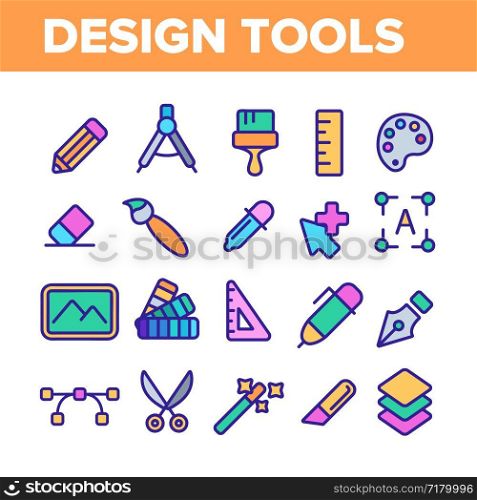 Design Tools Vector Thin Line Icons Set. Graphic Design Tools, Painting, Sketching Accessories Linear Pictograms. Drawing Equipment, Brushes, Pencils, Image Editing Instruments Contour Illustrations. Design Tools Vector Color Line Icons Set