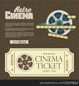 Design vintage cinema tickets. Vector poster retro movie theater with place for text. Vintage film reel, vector logo.