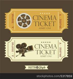 Design vintage movie tickets. Retro cinema. Vintage movie camera and film reel, vector logos.