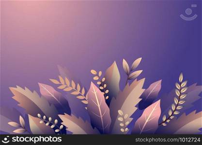 Design with branches and leaves, gentle floral ornament on violet background, vector illustration