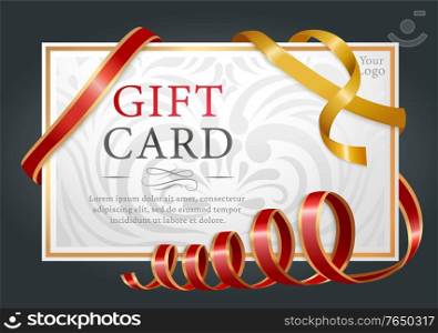 Designed gift card isolated on black background. Template of paper certificate with text tied with red and yellow ribbons. Present voucher for shopping with decor. Vector illustration in flat style. Paper Gift Card, Certificate with Festive Ribbons