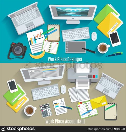 Designer and accountant work place horizontal banner set isolated vector illustration. Work Place Banner Set