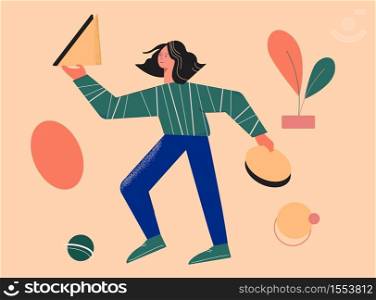 Designer creates memphis ornament illustration. Hipster character makes fashionable picture out of circles and triangles abstract geometric shape graphic vase with leaves colorful vector art lines.. Designer creates memphis ornament illustration. Hipster character makes fashionable picture out of circles and triangles.