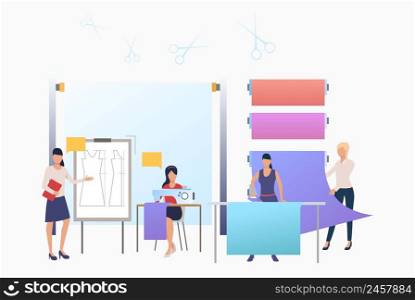 Designer, dressmakers ironing and sewing clothes in tailor shop. Tailoring, fashion, custom clothing concept. Vector illustration can be used for topics like business, sewing studio, atelier. Designer, dressmakers ironing and sewing clothes in tailor shop