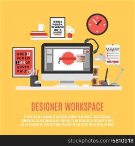 Designer home office workspace with desk computer and work tools flat vector illustration. Designer Workspace Illustration