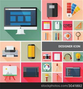 Designer icon set collection with flat and long shadow design