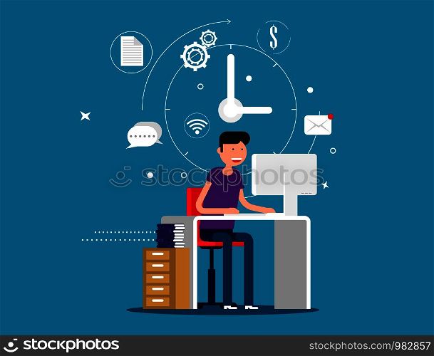 Designer man working with creative process icons on background. Concept designer vector illustration.