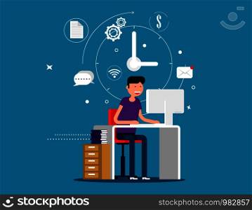 Designer man working with creative process icons on background. Concept designer vector illustration.