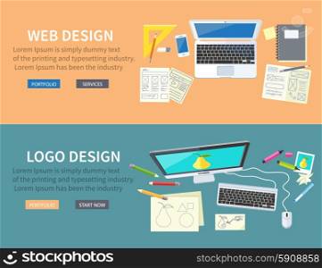 Designer office workspace with tools and devices in modern flat style. Creative process, logo and graphic design, design agency. Top view banners with buttons