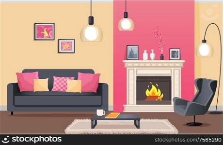 Designer room in pink color of wallpaper. Sofa and armchair, coffee table on mat, burning fireplace decorated with pictures and vase, hanging lumps vector. Room in Pink with Fireplace and Furniture Vector