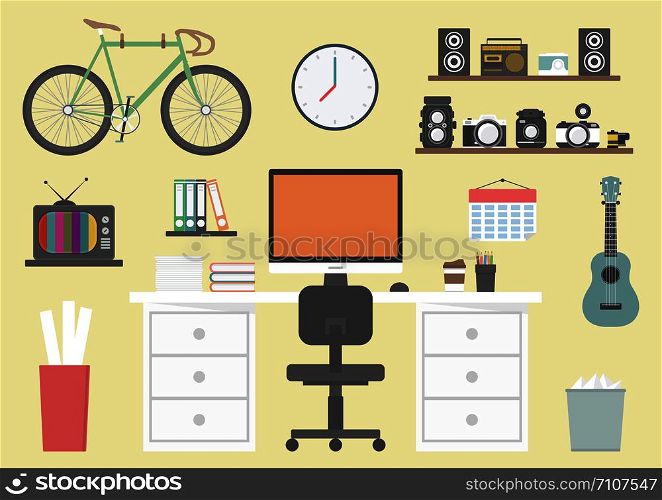 designer&rsquo;s equipment on desk, coffee, camera, book, workspace and creative zone, flat design