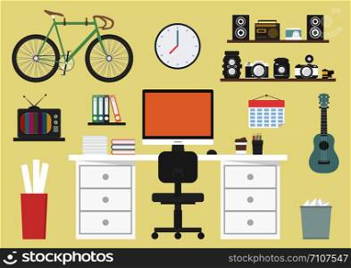 designer&rsquo;s equipment on desk, coffee, camera, book, workspace and creative zone, flat design