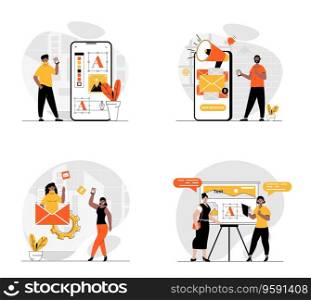 Designer studio concept with character set. Collection of scenes people do creative projects, using marketing tools, create applications and promote products. Vector illustrations in flat web design