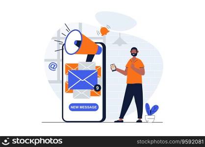 Designer studio web concept with character scene. Man creating and releasing product, making email promotion. People situation in flat design. Vector illustration for social media marketing material.
