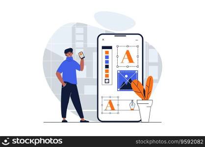Designer studio web concept with character scene. Man creating mobile app layout and drawing ui elements. People situation in flat design. Vector illustration for social media marketing material.